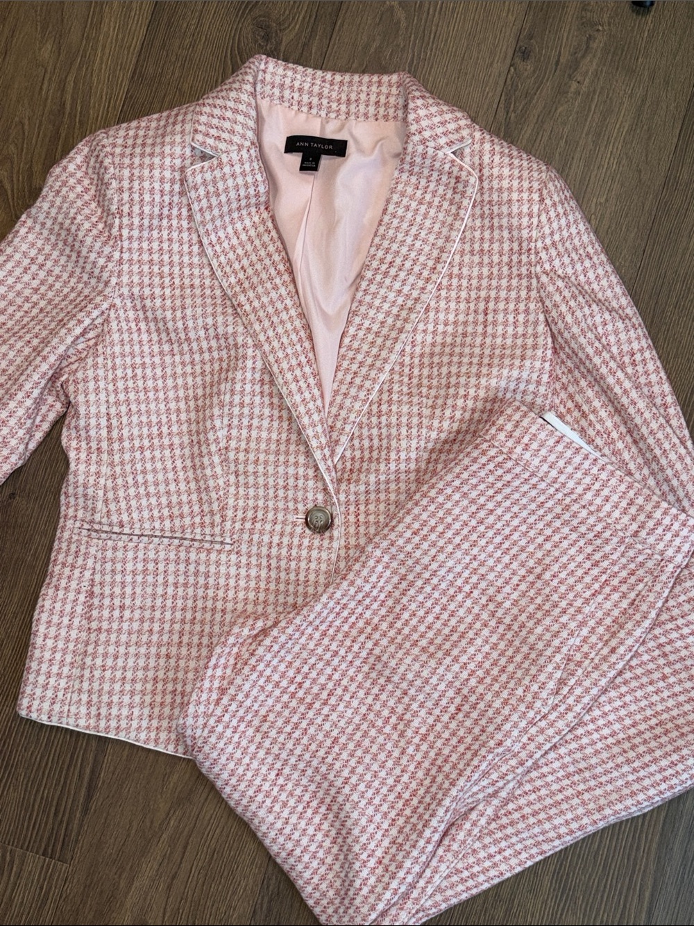 GORGEOUS Ann Taylor Pink Houndstooth 2 Piece Suit Cotton Hemp Blazer Pants 0